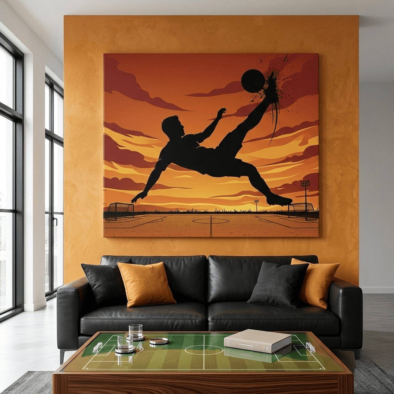 Soccer Bicycle Kick Canvas Wall Art | Sunset Sports Framed Print | Sports Room Home Decor