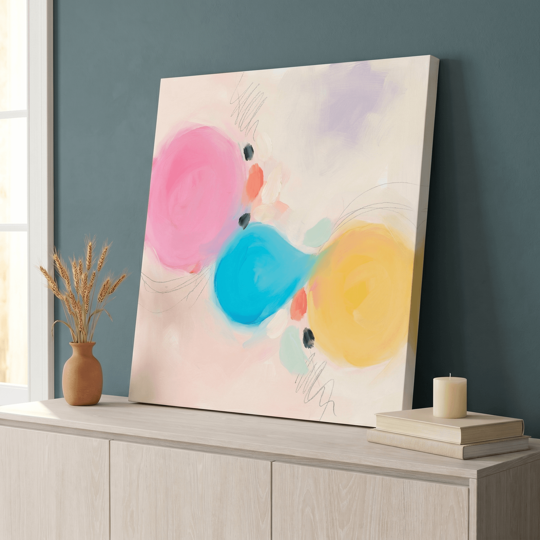 Soft Pastel Layered Abstract Canvas Wall Art | Pink Cyan Translucent Print | Living Room Home Decor