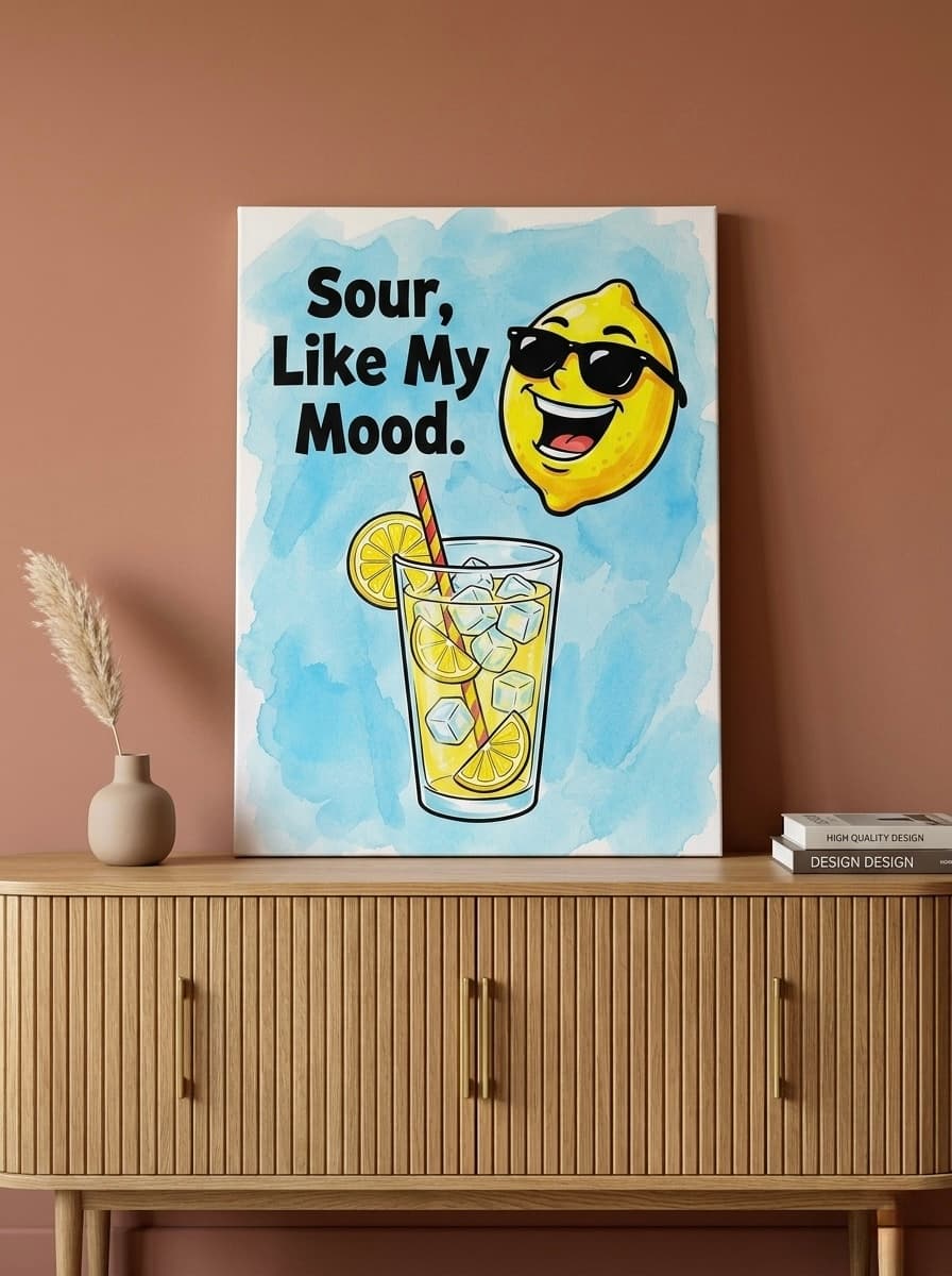 Sour Like My Mood Lemon Canvas Print | Funny Kitchen Wall Art | Citrus Blue Framed Canvas | Bold Bar Cart Decor Art