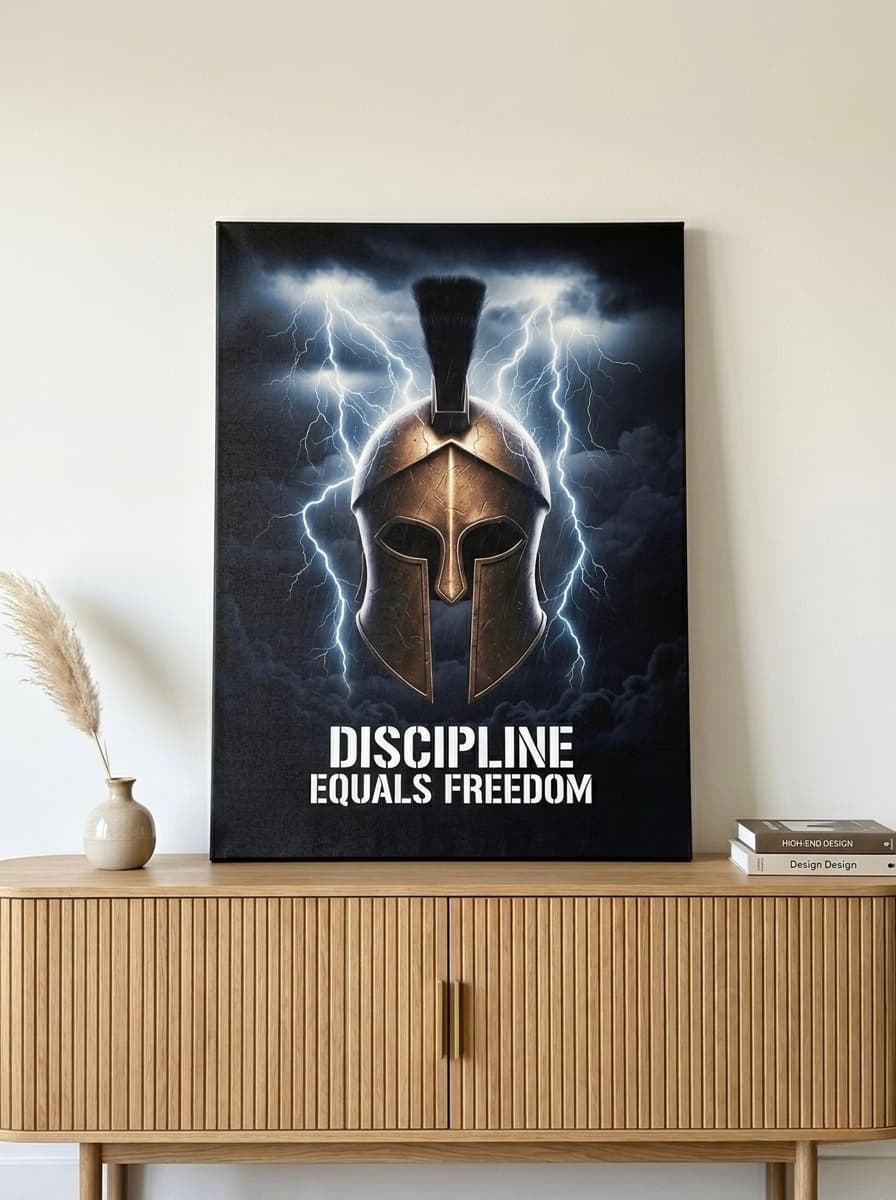 Spartan Helmet Wall Art Canvas | Warrior Discipline Framed Print | Home Gym Office Decor