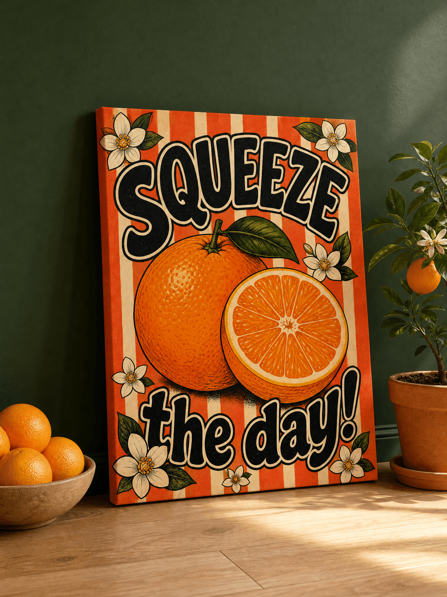 Squeeze The Day Orange Canvas Wall Art | Retro Kitchen Poster Print | Kitchen Home Decor