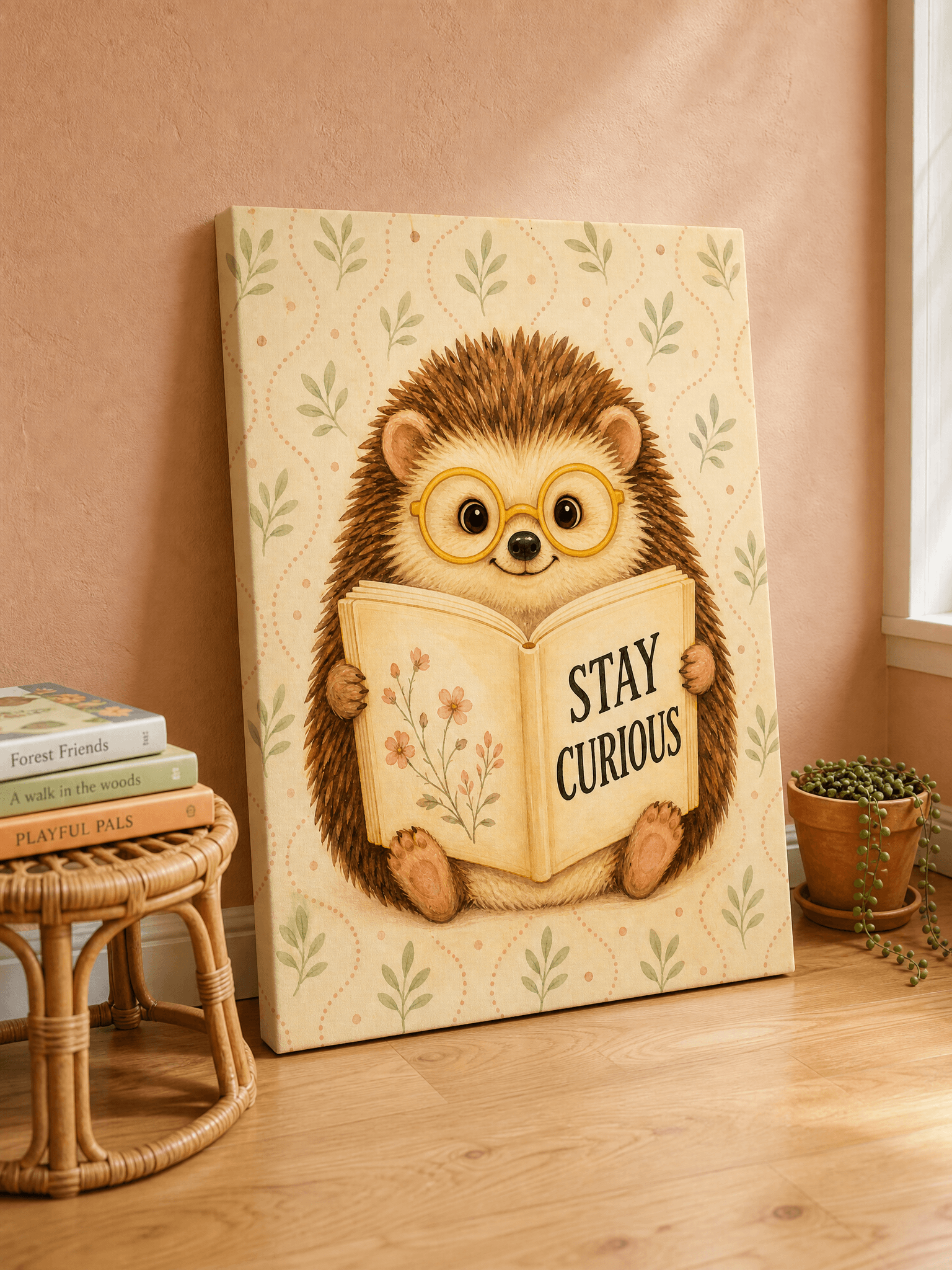 Stay Curious Hedgehog Canvas Wall Art | Cozy Quote Print | Reading Nook Home Decor