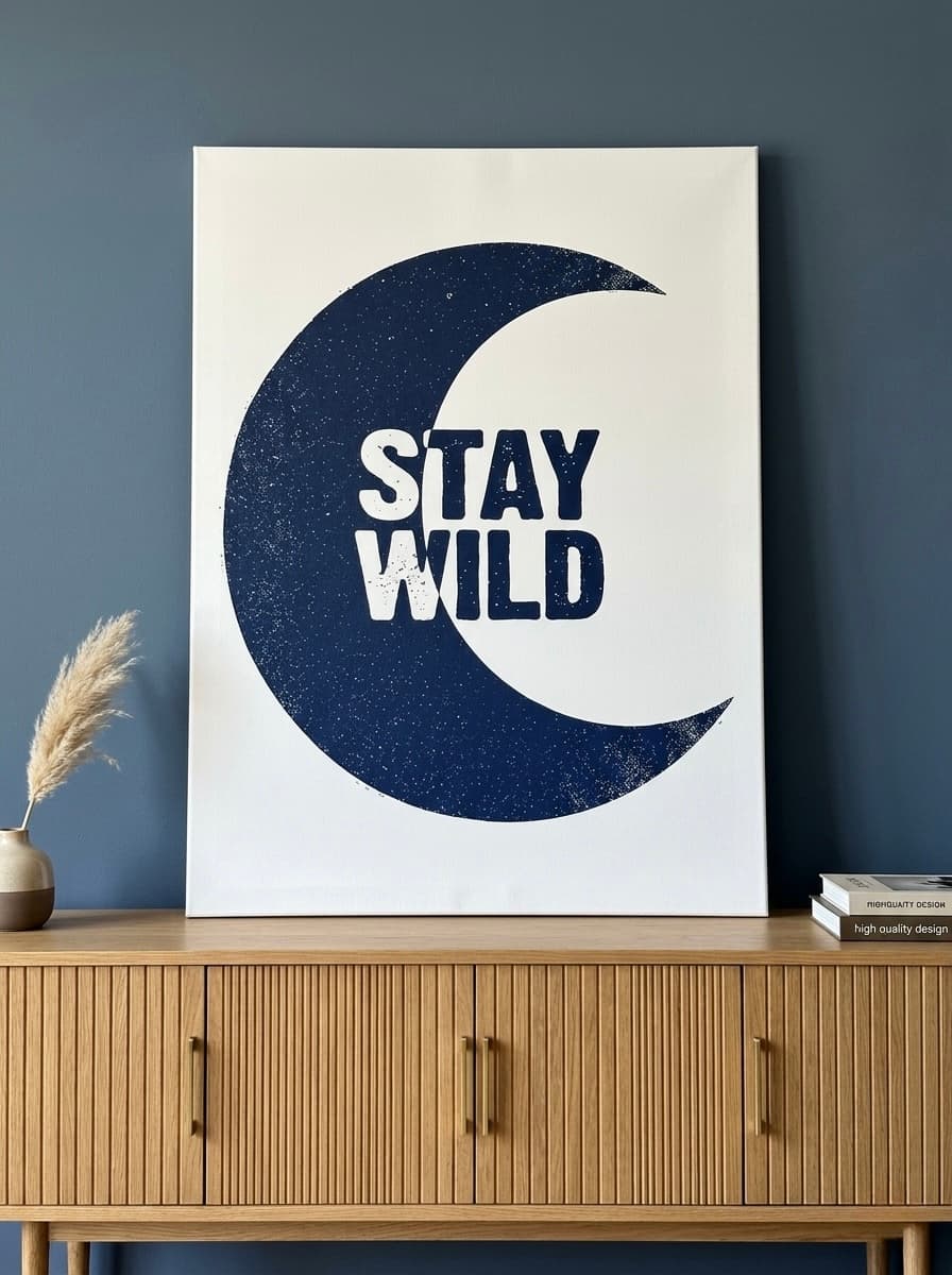 Stay Wild Moon Canvas Print | Navy Blue Wall Art | Grunge Typography Framed Canvas | Minimalist Streetwear Bedroom Decor