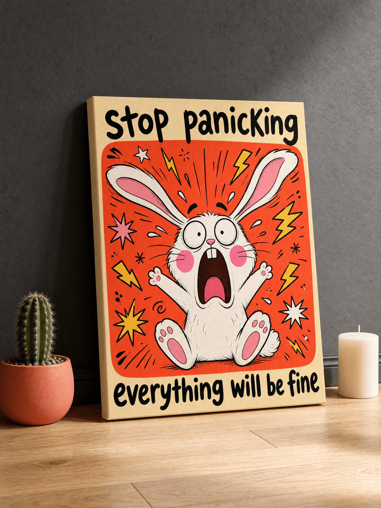 Stop Panicking Bunny Canvas Wall Art | Funny Quote Print | Home Office Home Decor