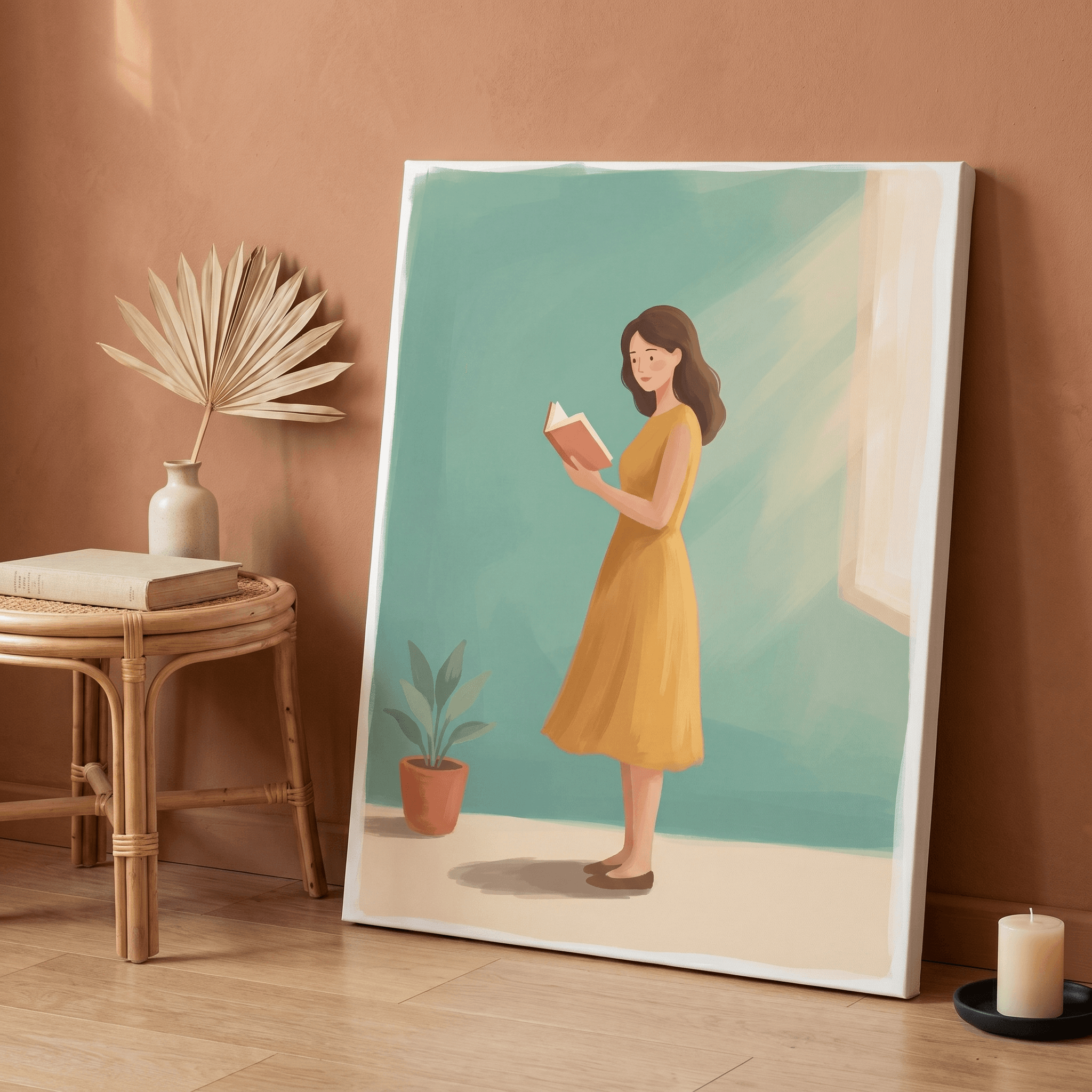 Stylized Woman Reading Canvas Wall Art | Mustard Teal Minimalist Print | Living Room Home Decor