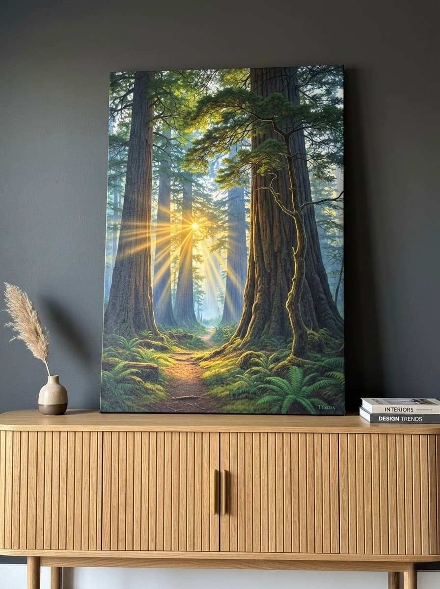 Sunbeam Forest Canvas Wall Art | Old Growth Redwood Oil Painting Framed Print | Living Room Nature Decor