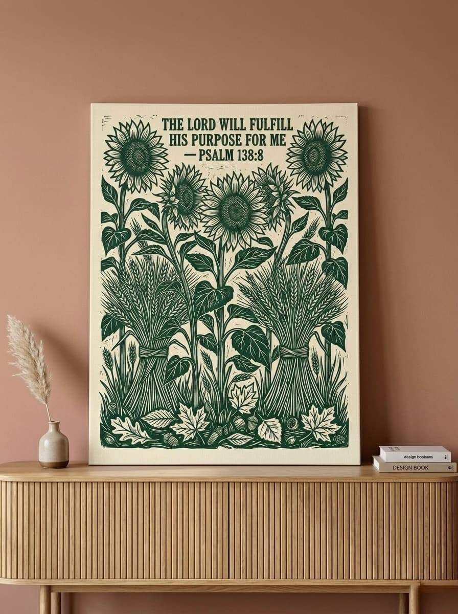 Sunflower Scripture Canvas Wall Art | Vintage Linocut Christian Print | Faith Bedroom Decor