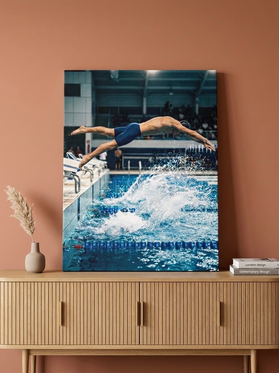 Swimmer Dive Canvas Wall Art | Sports Photography Framed Print | Home Gym Office Decor