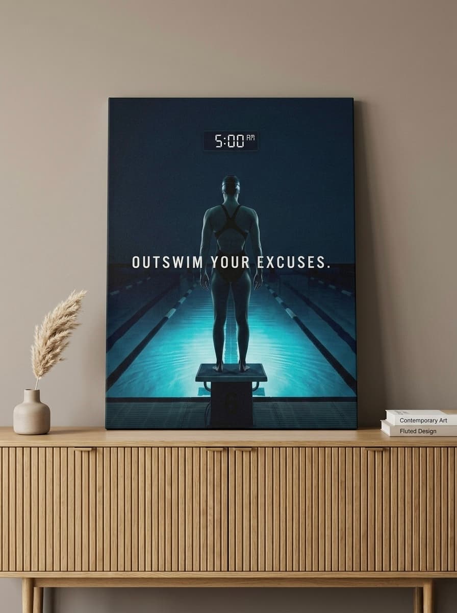 Swimming Canvas Wall Art | Swimmer at Dawn Photography Print Navy Aqua | Framed Canvas, Ready to Hang