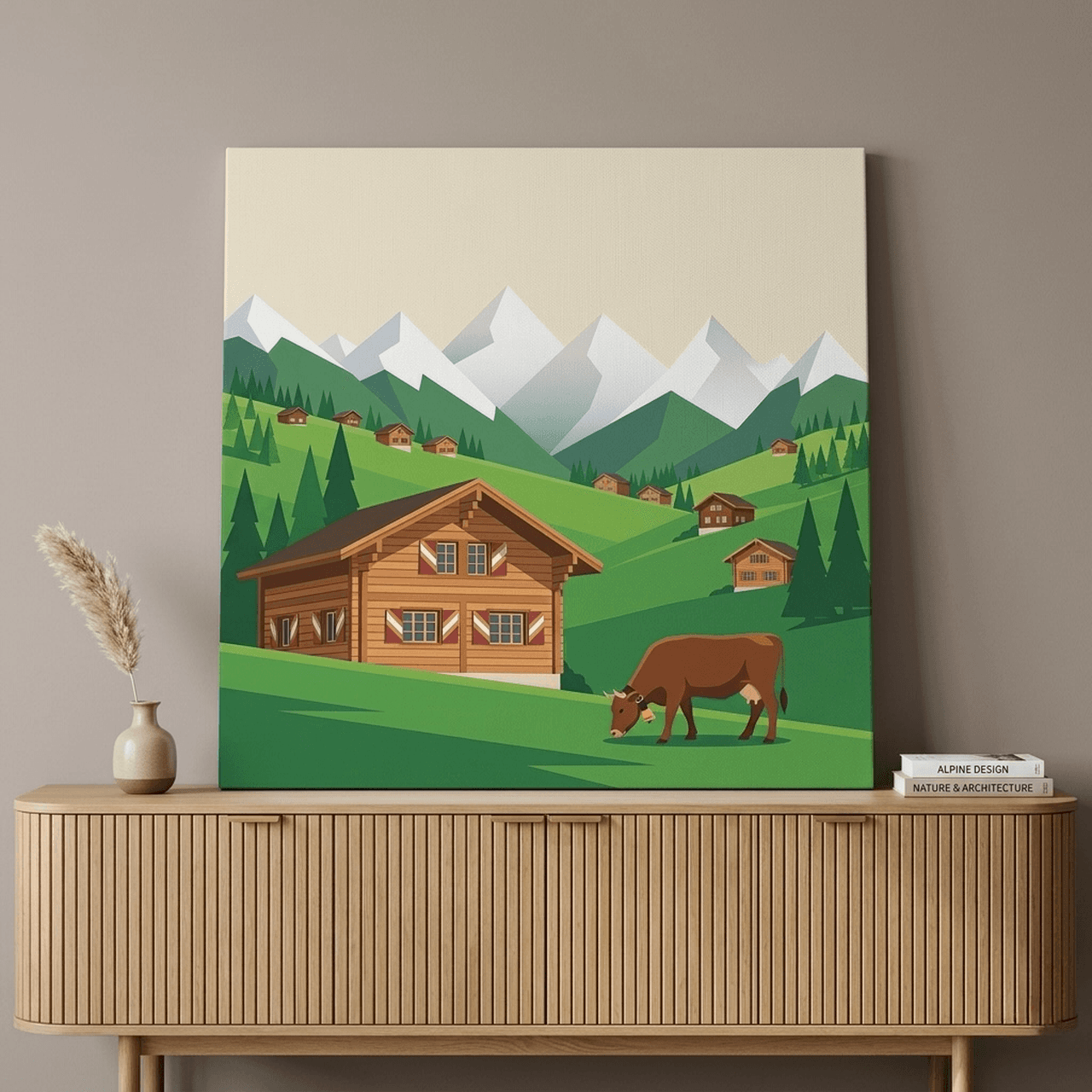 Swiss Alps Chalet Canvas Wall Art | Alpine Flat Art Framed Print | Mountain Home Decor