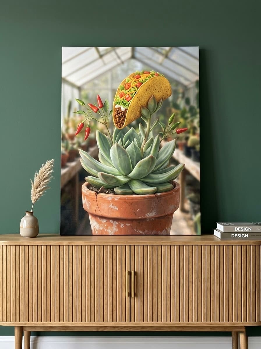 Taco Succulent Plant Canvas Wall Art | Surreal Kitchen Print | Mexican Dining Room Framed Decor