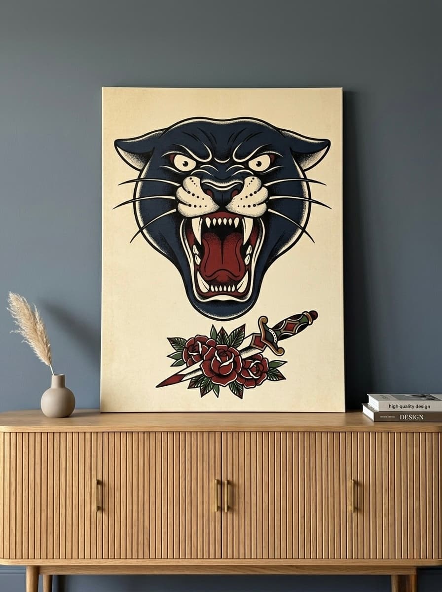Tattoo Flash Panther Art Canvas Print | Traditional American Old School Wall Art | Bold Navy Black Masculine Decor