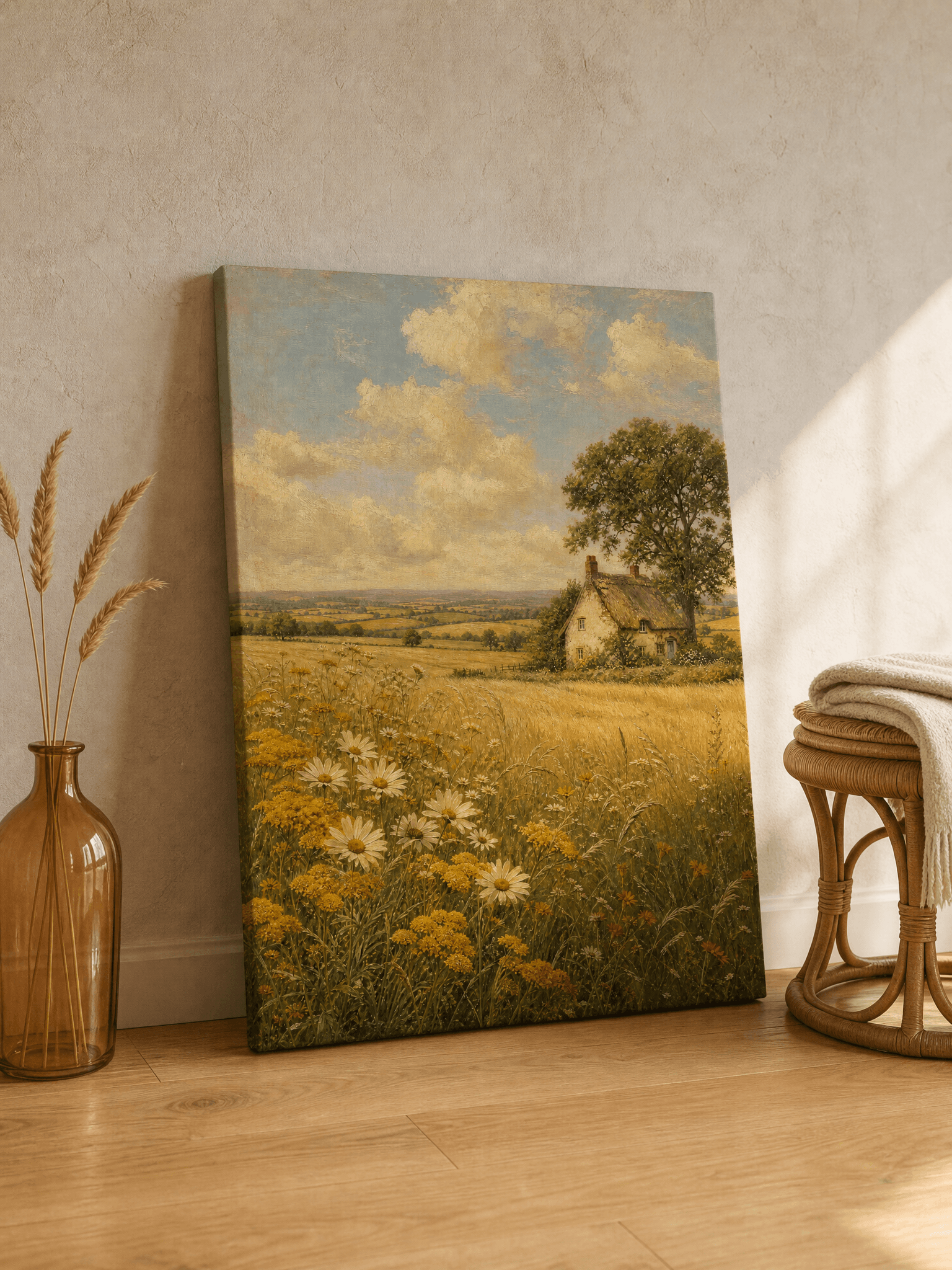 Thatched Cottage Wildflower Field Canvas Wall Art | Vintage Countryside Print | Living Room Home Decor