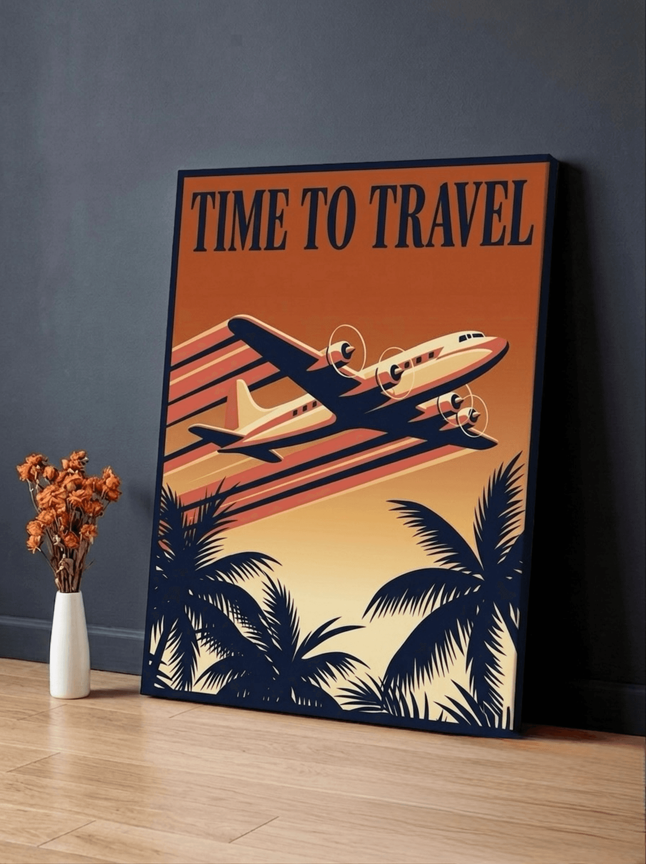 Time to Travel Retro Poster Canvas Wall Art | Vintage Travel Framed Print | Home Office Decor