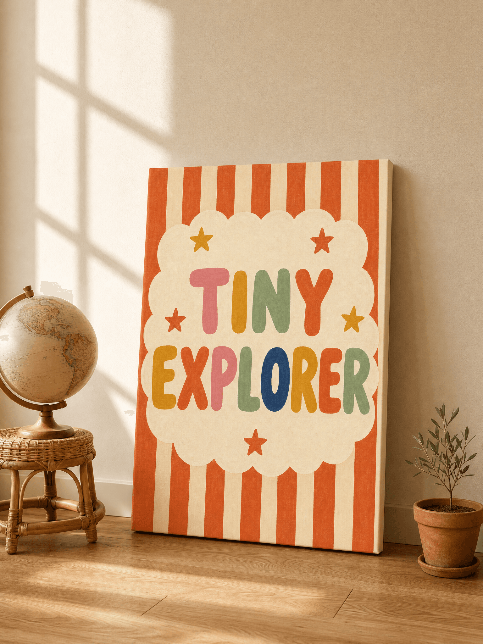 Tiny Explorer Canvas Wall Art | Retro Nursery Typography Print | Kids Room Home Decor