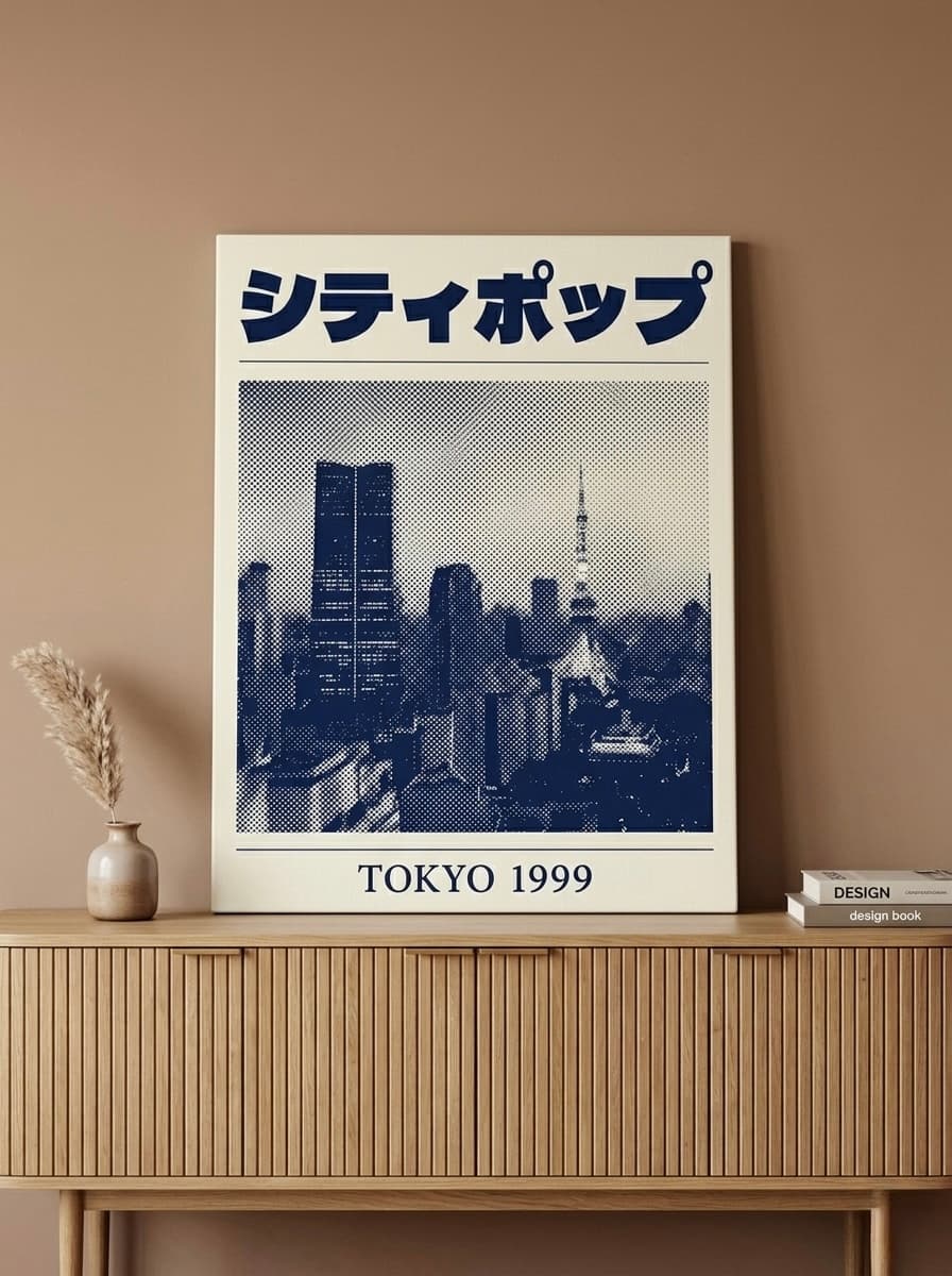 Tokyo City Pop Retro Poster Canvas Print | Japanese Halftone Wall Art | Navy Blue Vintage Typography Decor