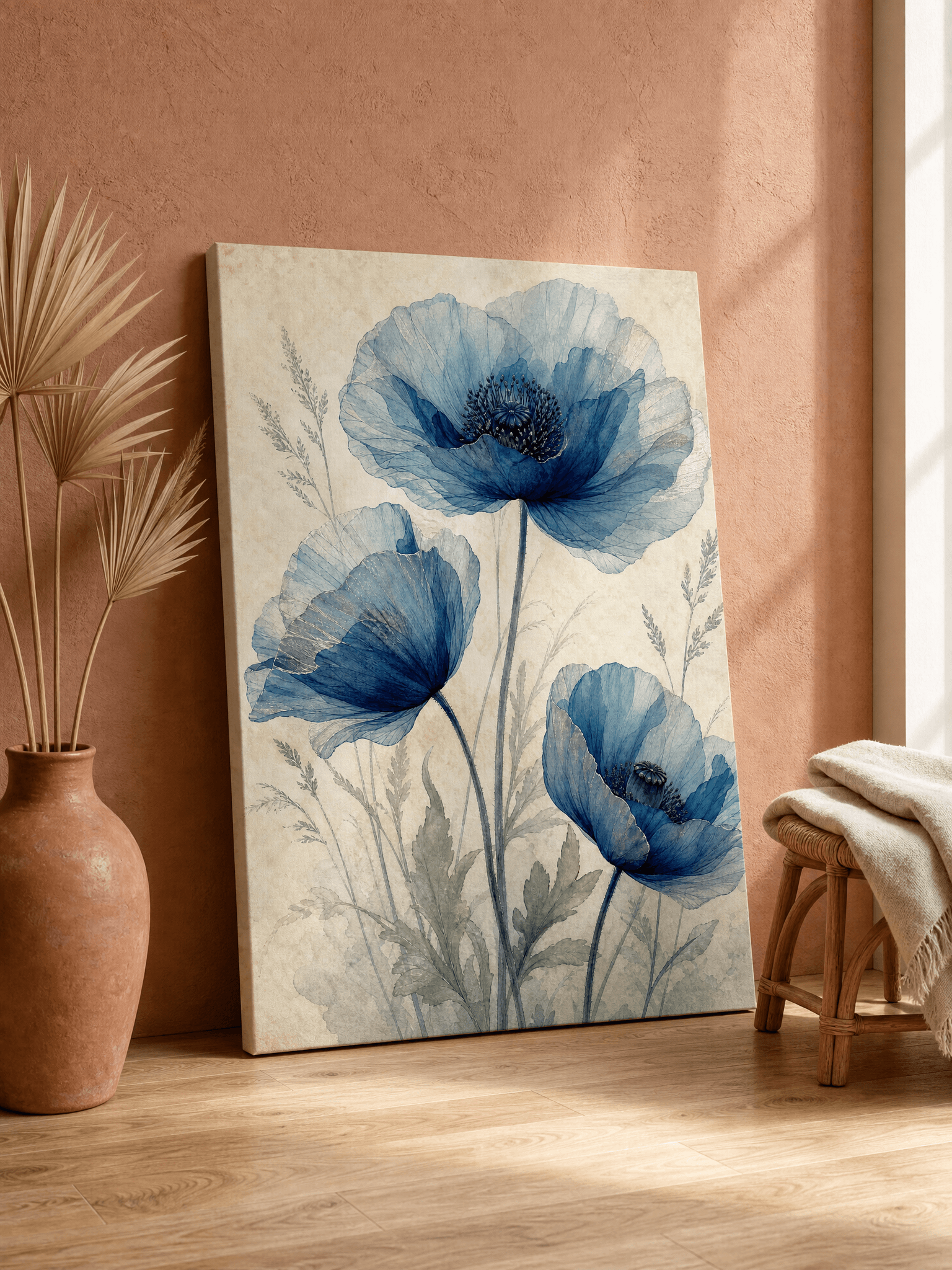 Translucent Blue Poppies Canvas Wall Art | Watercolor Botanical Print | Bedroom Home Decor