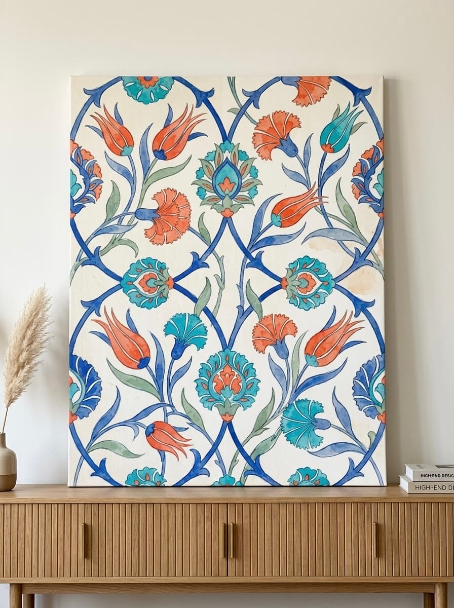 Turkish Iznik Tile Canvas Wall Art | Watercolor Ceramic Pattern Print | Cobalt Coral Decor | Mediterranean Art