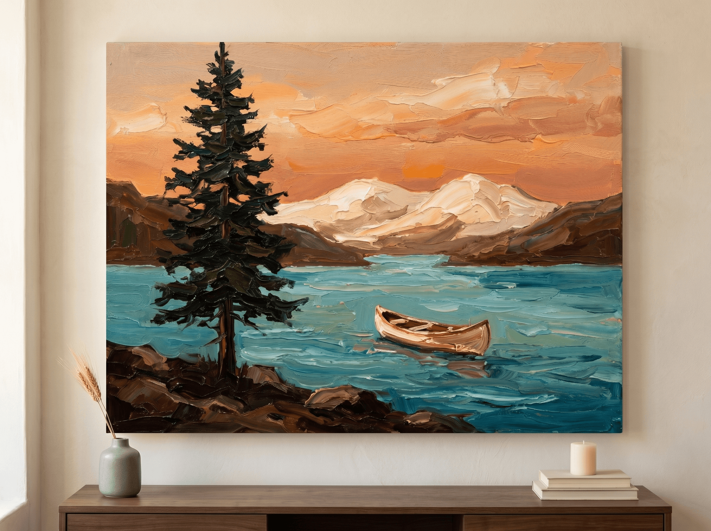 Turquoise Alpine Lake Pine Canvas Wall Art | Classical Sunset Oil Print | Living Room Home Decor