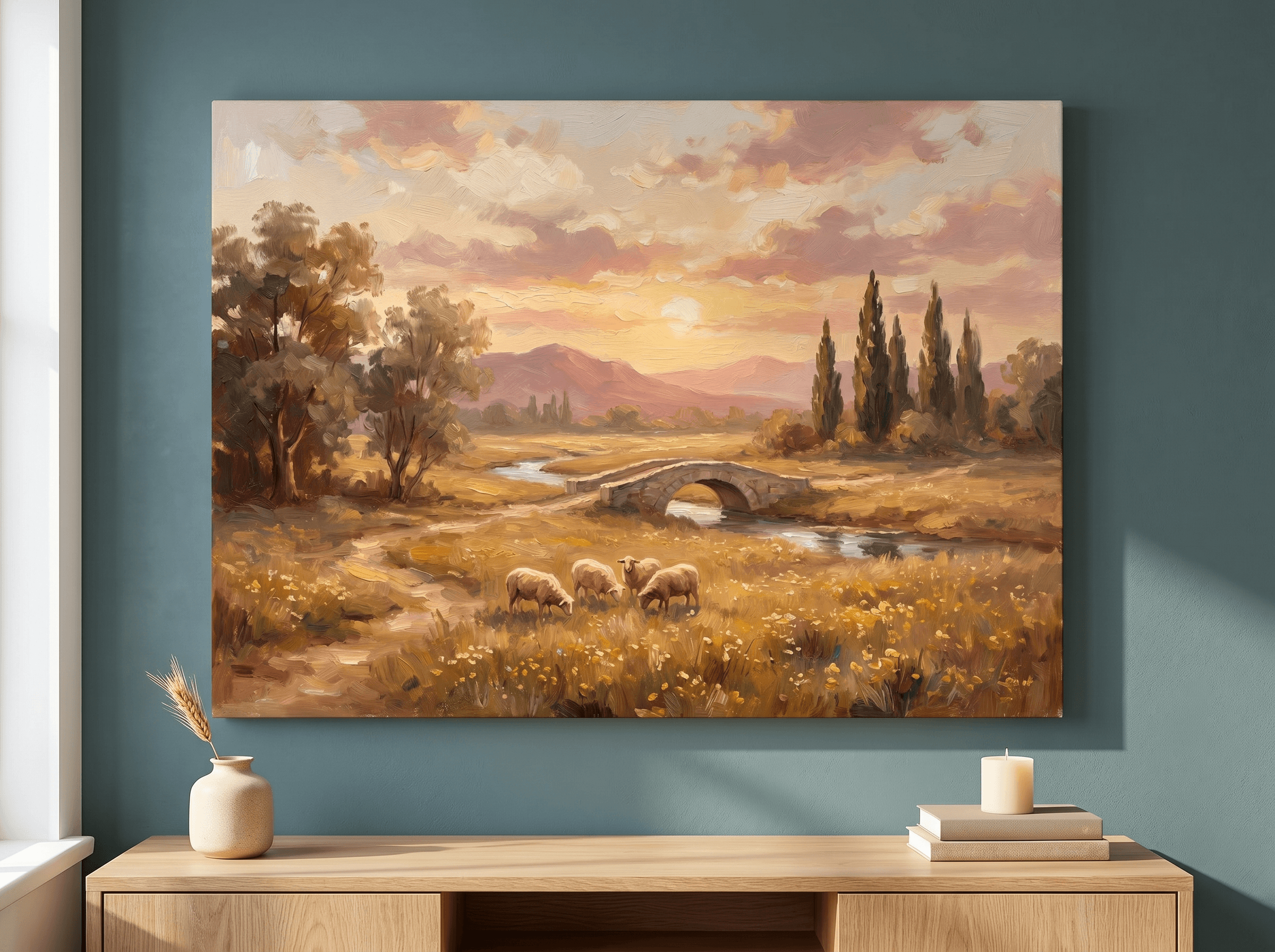 Tuscan Sunset Stone Bridge Canvas Wall Art | Classical Landscape Oil Print | Dining Room Home Decor