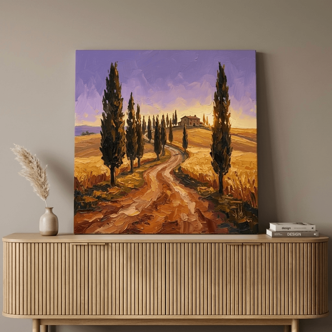 Tuscany Cypress Road Canvas Wall Art | Italian Landscape Oil Painting Framed Print | Home Decor