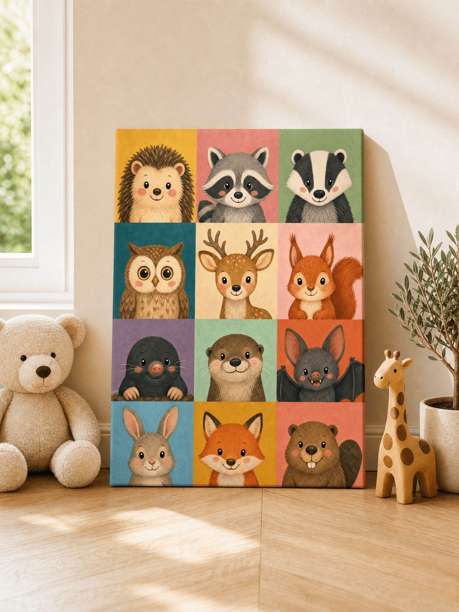 Twelve Woodland Animals Canvas Wall Art | Storybook Grid Print | Nursery Home Decor