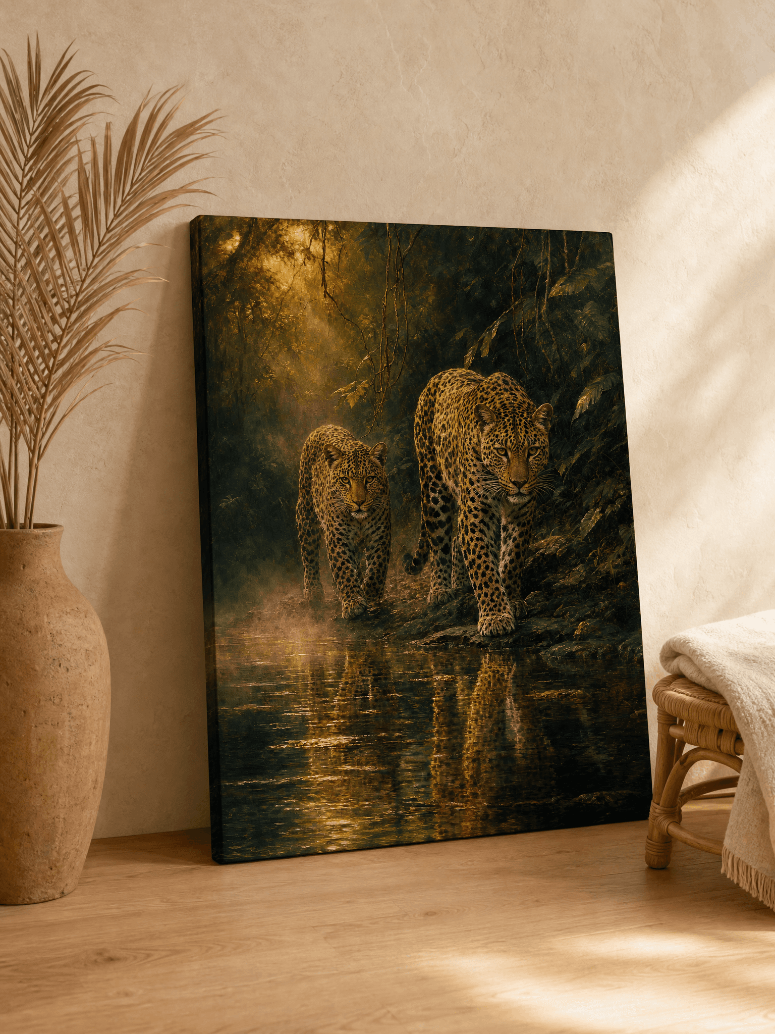 Two Leopards Misty River Canvas Wall Art | Moody Wildlife Print | Living Room Home Decor