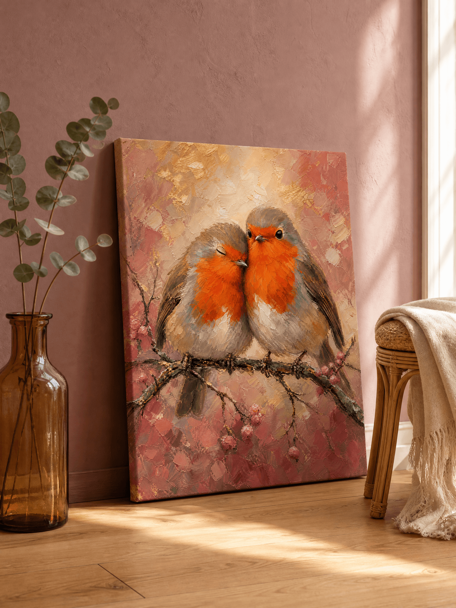 Two Robins On Twig Canvas Wall Art | Painterly Bird Print | Bedroom Home Decor
