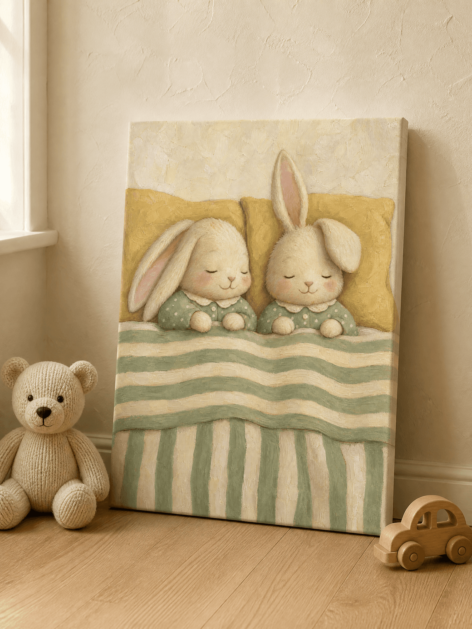 Two Sleeping Bunnies In Bed Canvas Wall Art | Storybook Nursery Print | Kids Room Home Decor