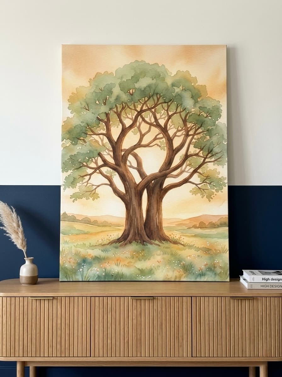 Two Trees Growing Together Intertwined Canvas Wall Art | Soft Watercolor Landscape Framed Print | Living Room Nature Decor