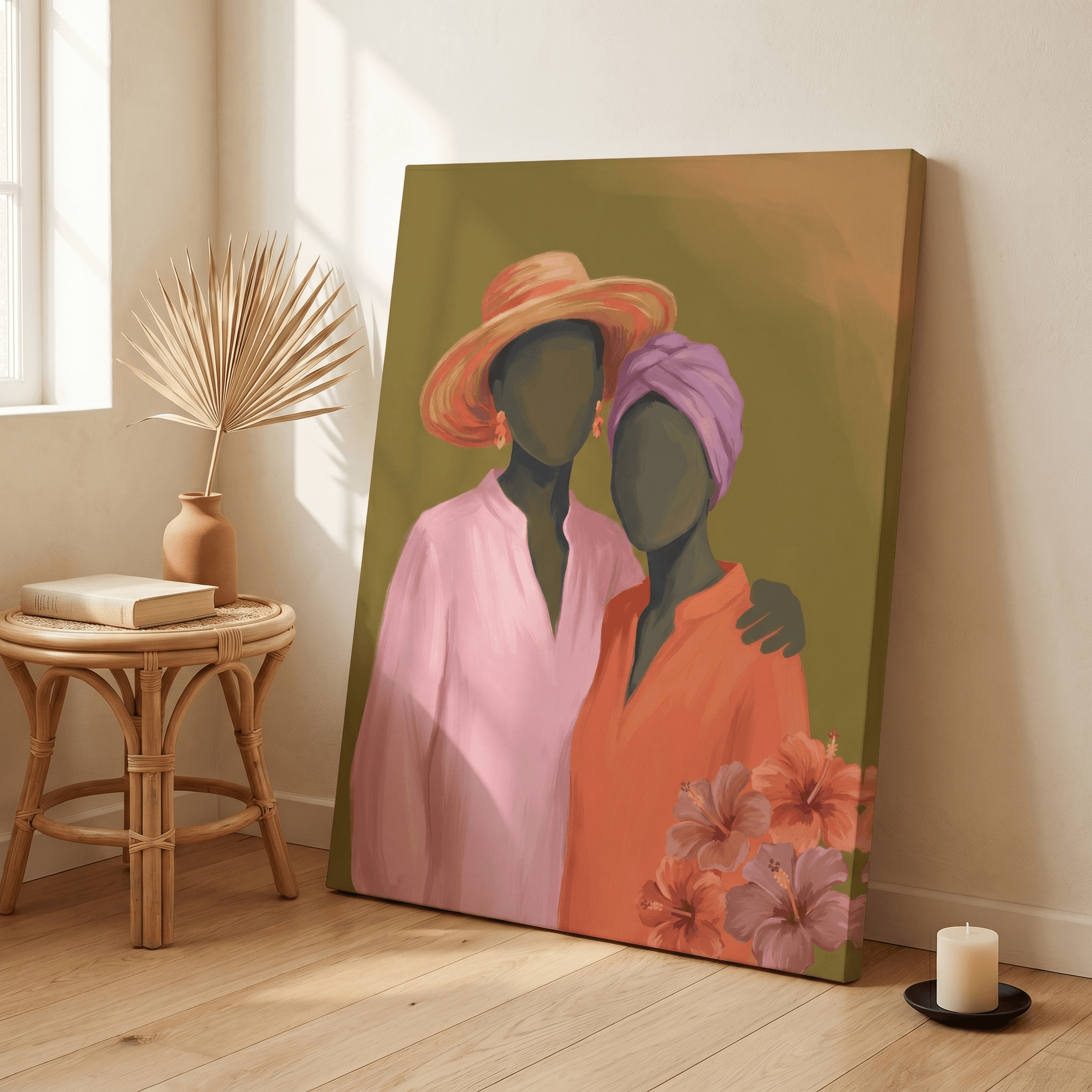 Two Women Olive Canvas Wall Art | Cultural Heritage Painterly Print | Living Room Home Decor