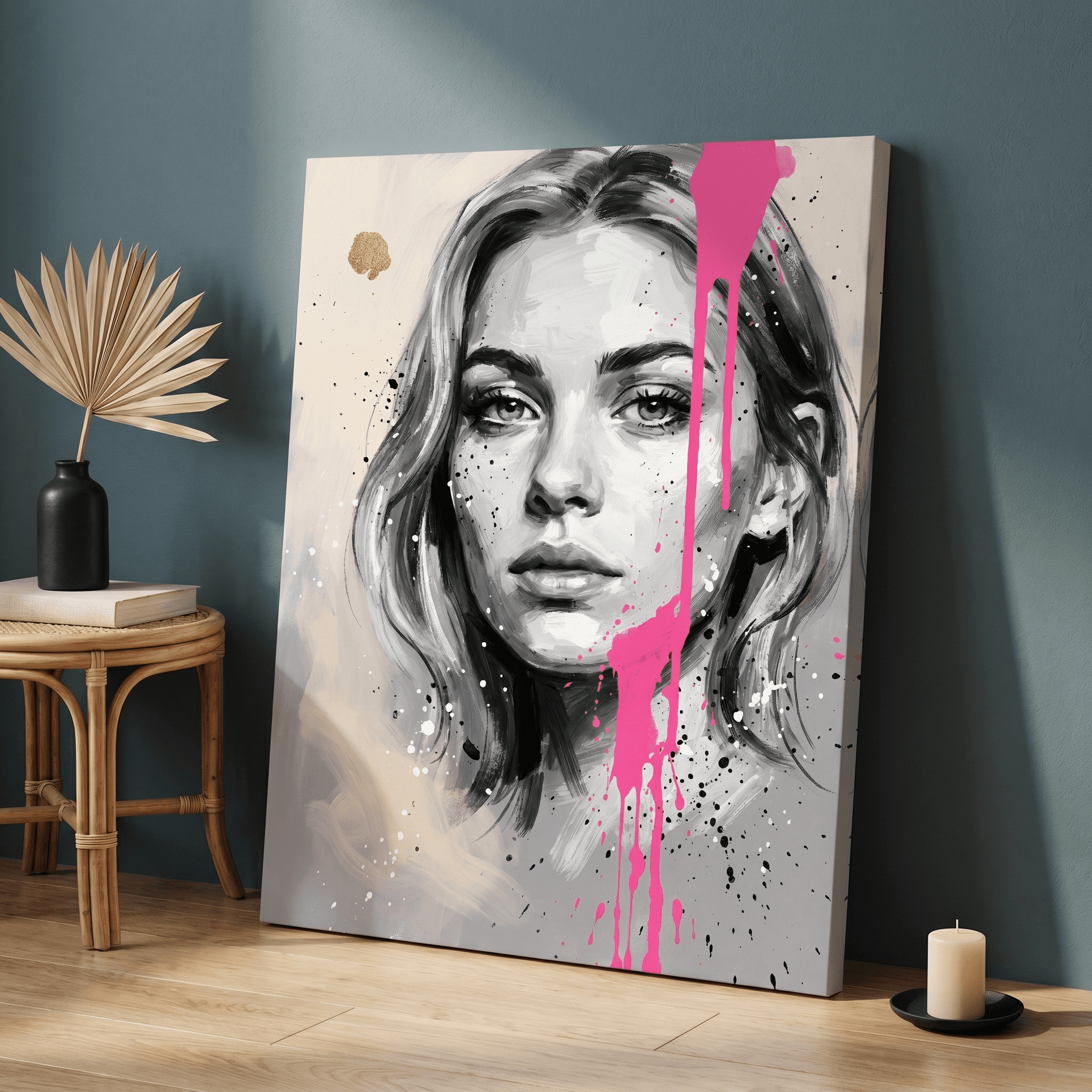 Urban Portrait Pink Paint Drip Canvas Wall Art | Bold Modern Black White Print | Living Room Home Decor