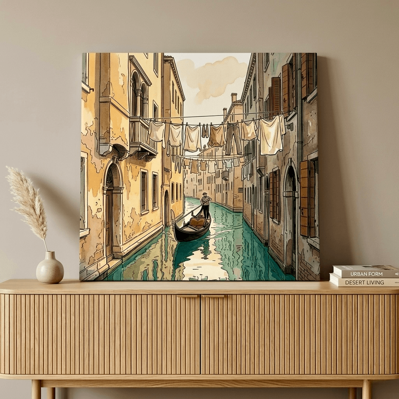 Venice Canal Gondolier Canvas Wall Art | Watercolor Framed Print | Italy Home Decor