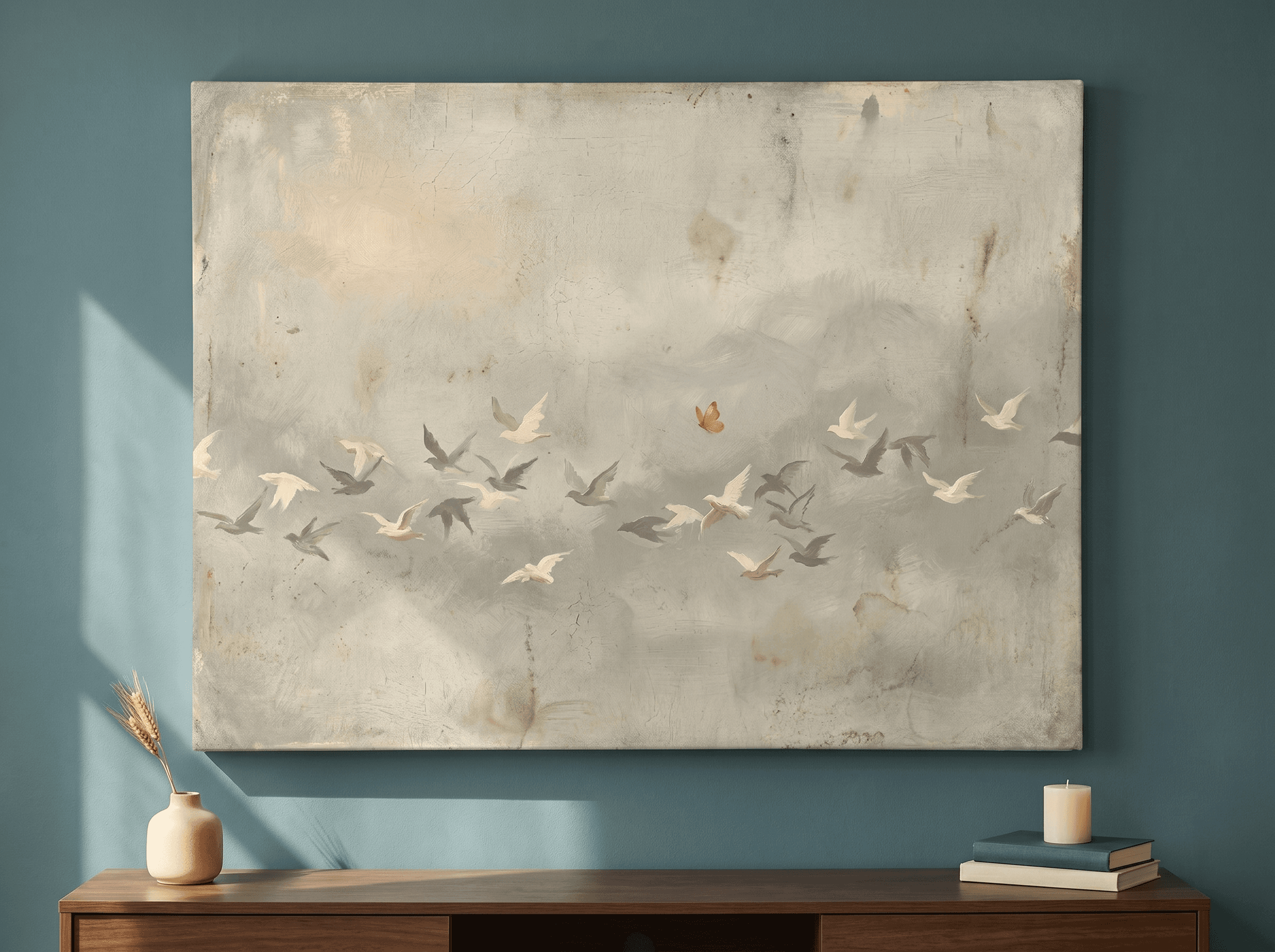 Vintage Birds In Flight Canvas Wall Art | Aged Sage Painterly Print | Dining Room Home Decor