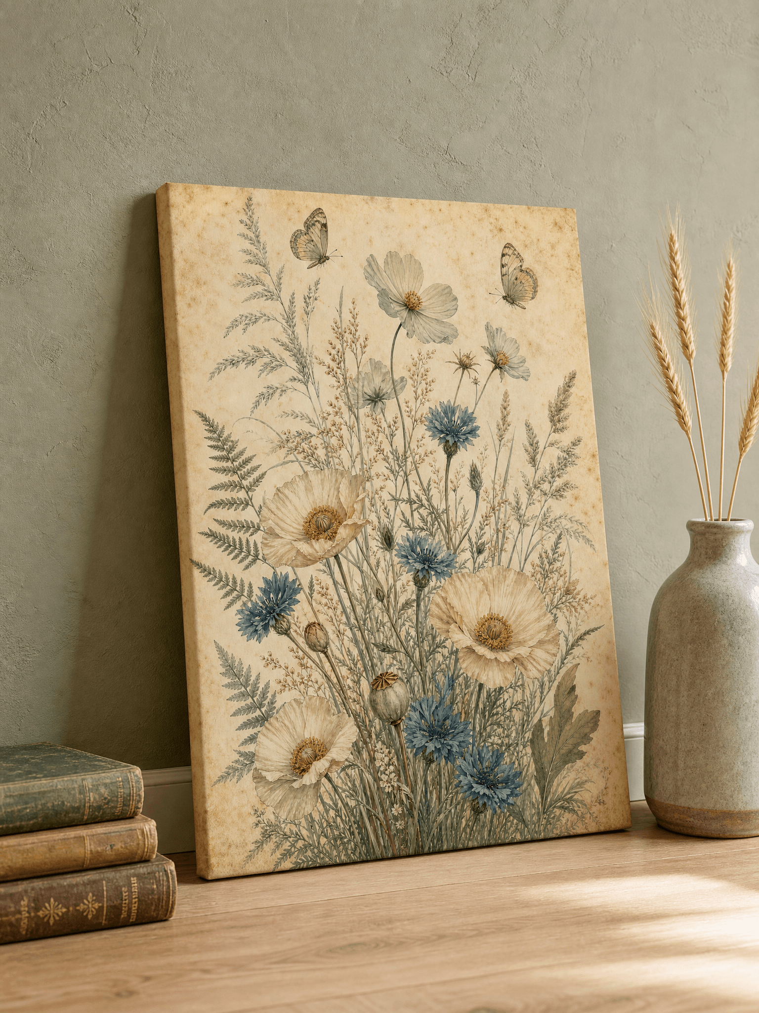 Vintage Cornflower Butterfly Canvas Wall Art | Botanical Watercolor Print | Library Home Decor