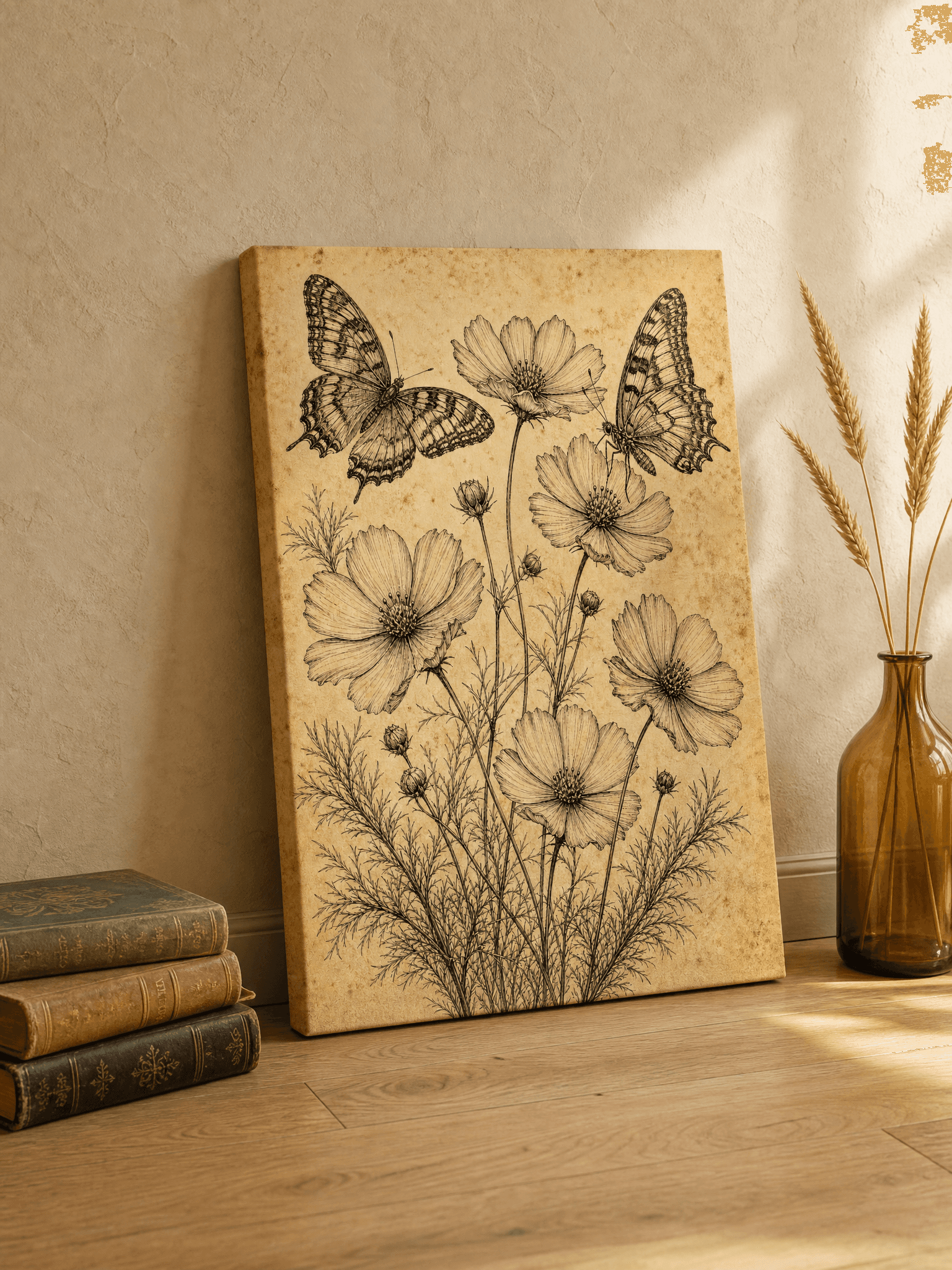 Vintage Cosmos Butterfly Sketch Canvas Wall Art | Pen Ink Botanical Print | Library Home Decor