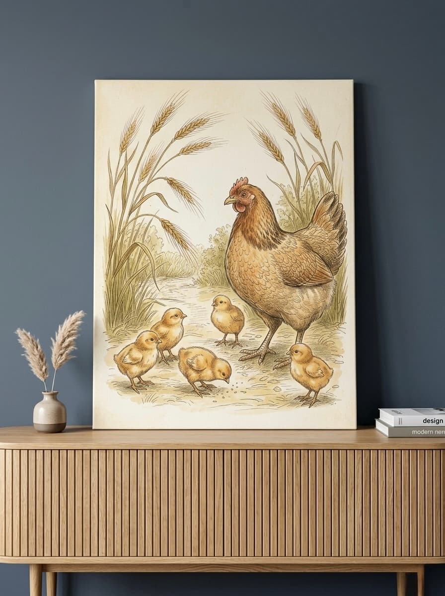 Vintage Hen and Chicks Nursery Canvas Wall Art | Farmhouse Cottagecore Kids Room Decor | Baby Shower Gift