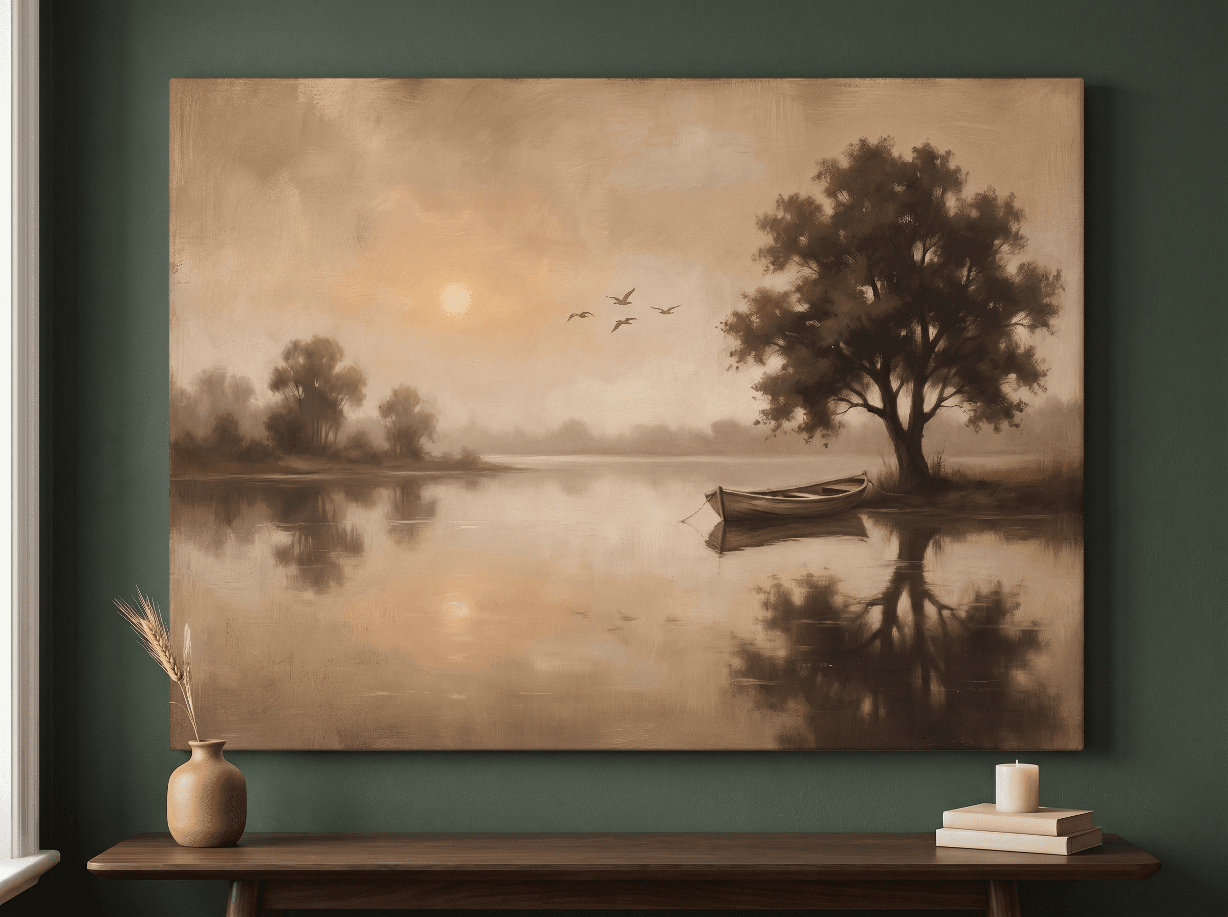 Vintage Lake Tree Reflection Canvas Wall Art | Sepia Tonal Oil Print | Dining Room Home Decor