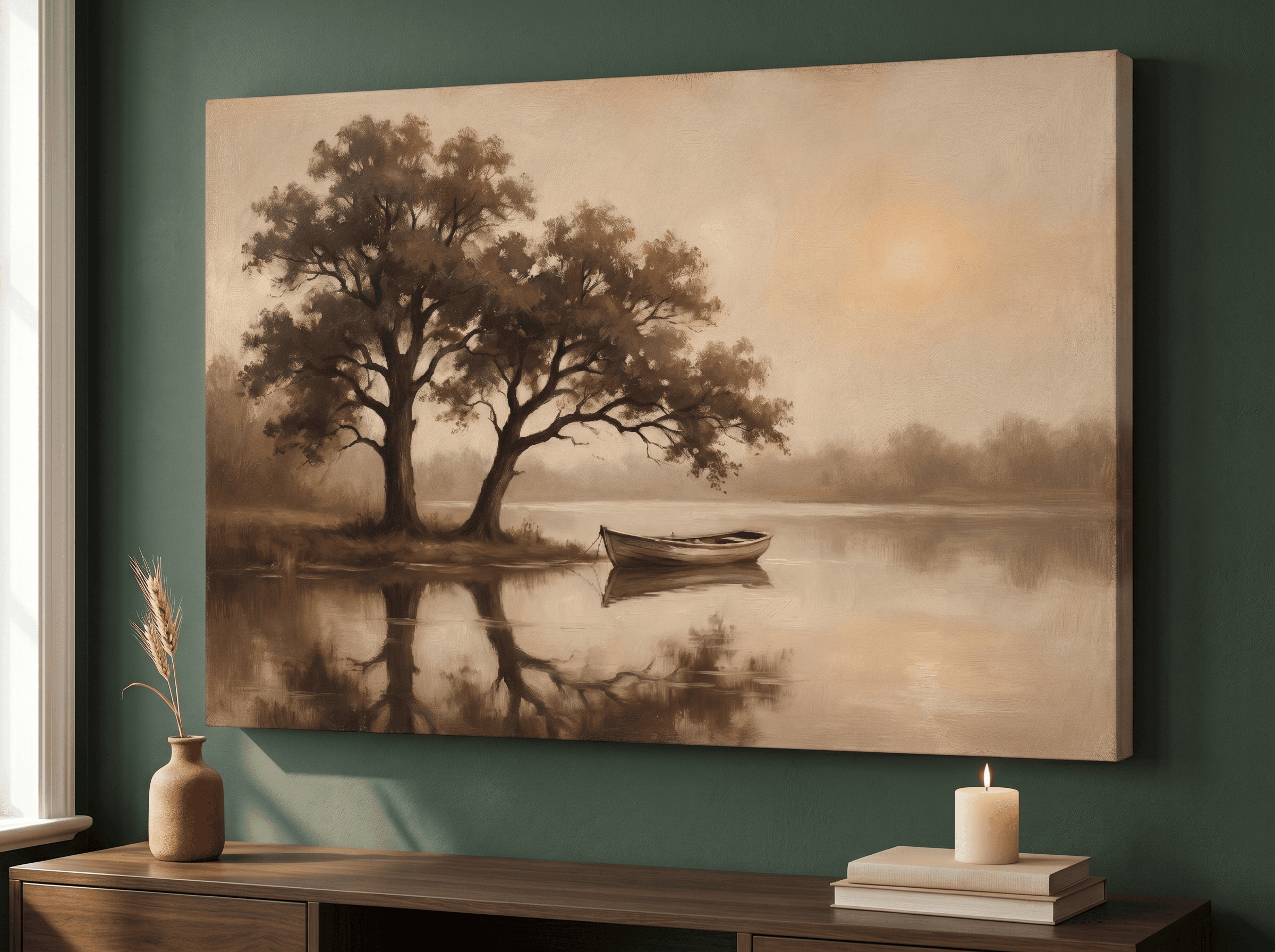 Vintage Oak Lake Reflection Canvas Wall Art | Sepia Tonal Oil Print | Dining Room Home Decor