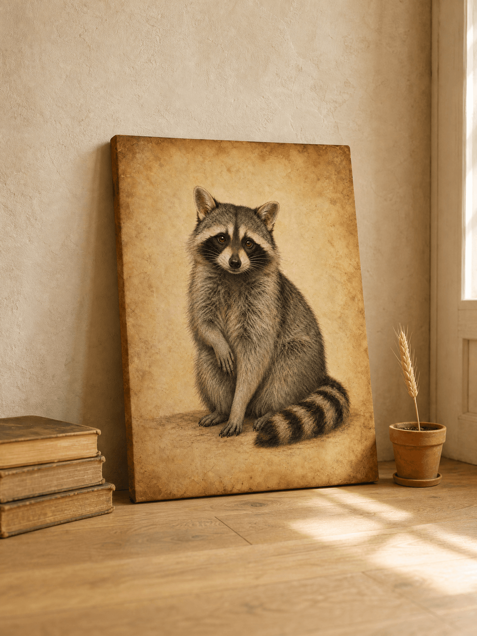 Vintage Raccoon Natural History Canvas Wall Art | Antique Sepia Print | Living Room Home Decor