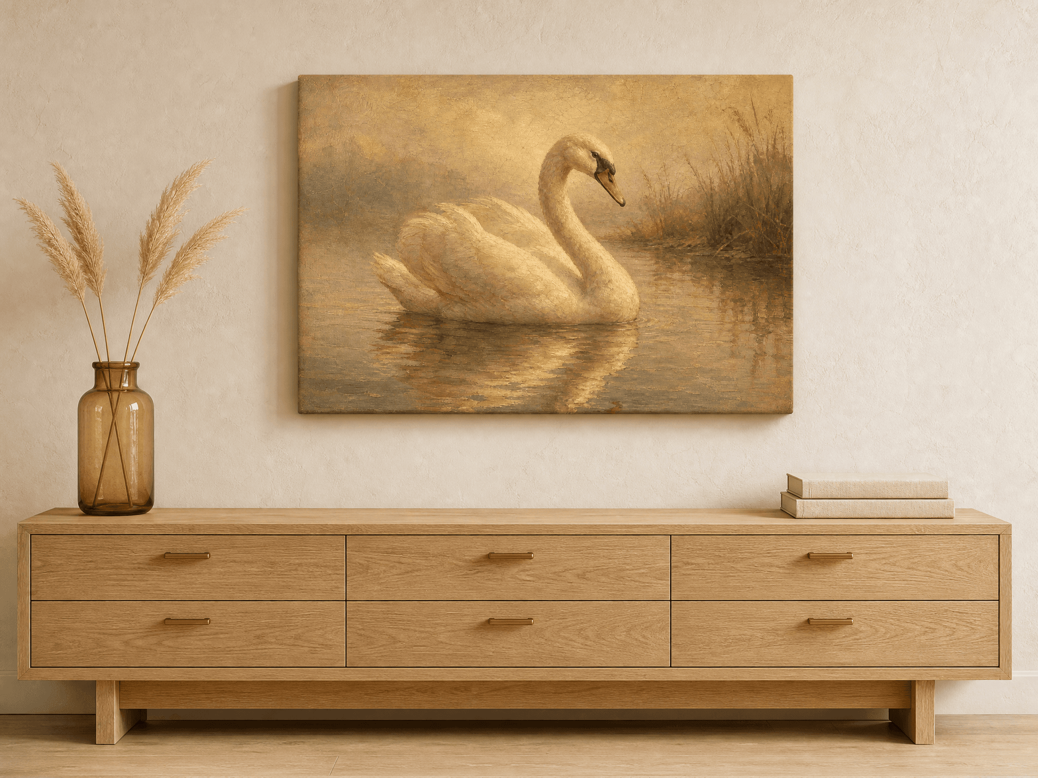 Vintage Swan Misty Lake Canvas Wall Art | 19th Century Oil Painting Print | Living Room Home Decor