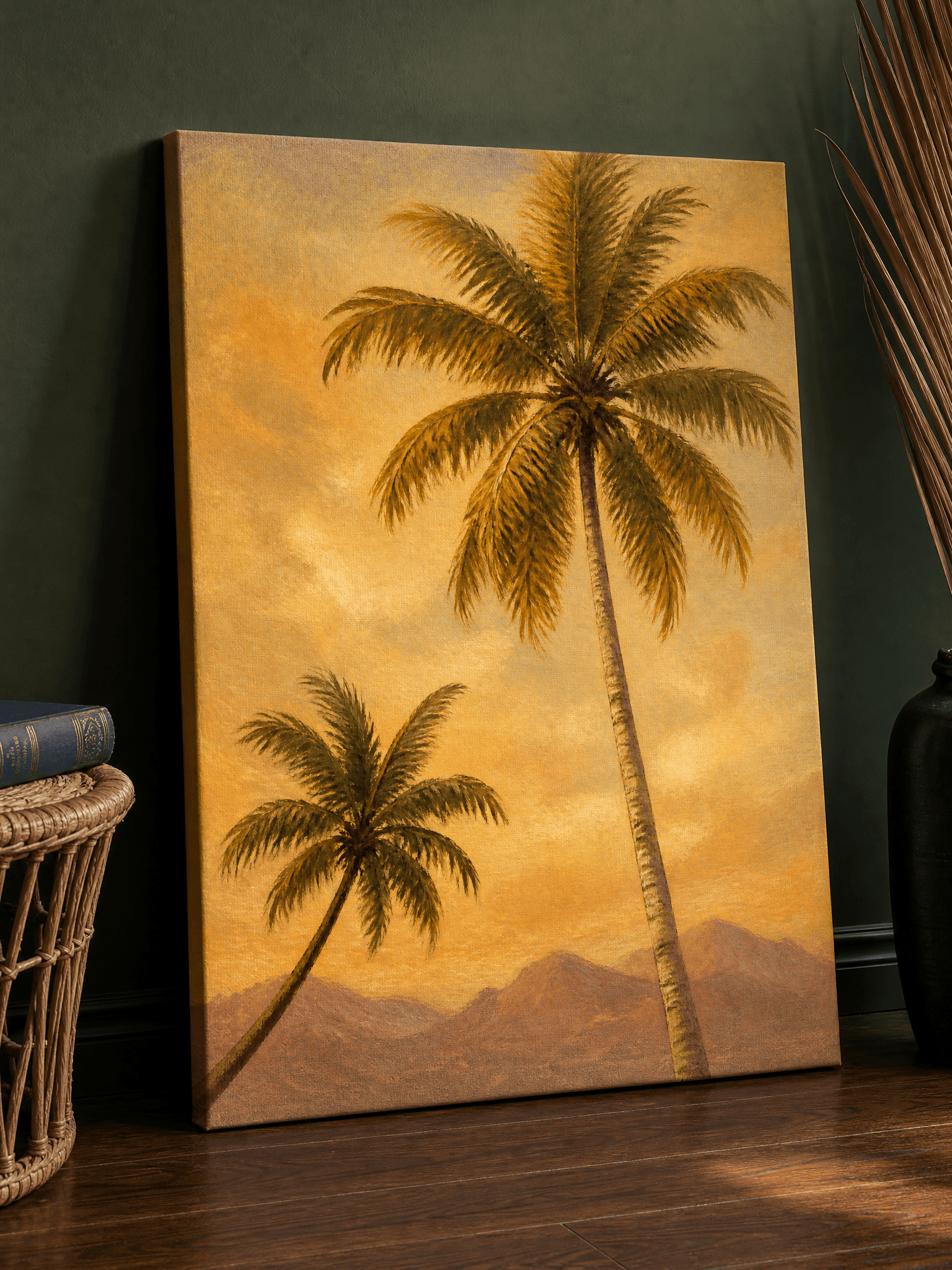 Vintage Tropical Palm Trees Canvas Wall Art | Warm Amber Sunset Print | Living Room Home Decor