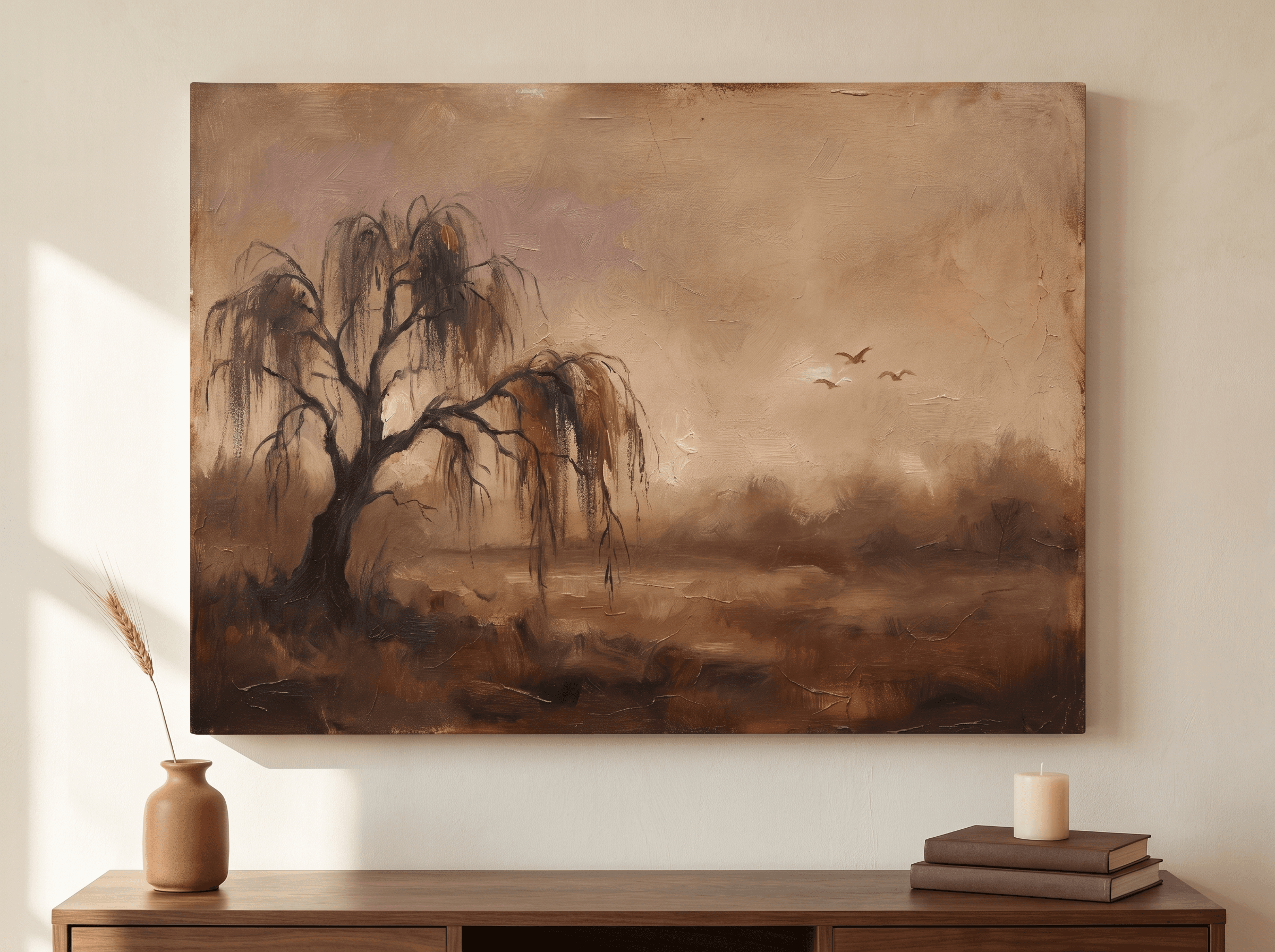 Vintage Willow Tree Canvas Wall Art | Aged Sepia Oil Painting Print | Dining Room Home Decor