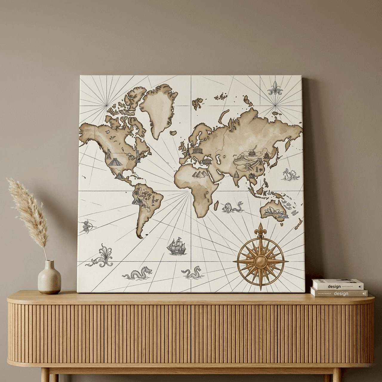 Vintage World Map Canvas Wall Art | Antique Compass Rose Framed Print | Home Decor
