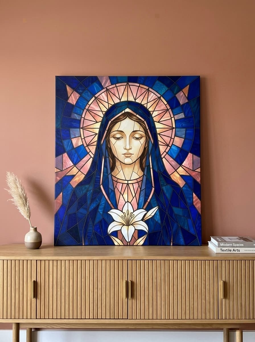 Virgin Mary Stained Glass Canvas Wall Art | Catholic Marian Framed Print | Bedroom Decor