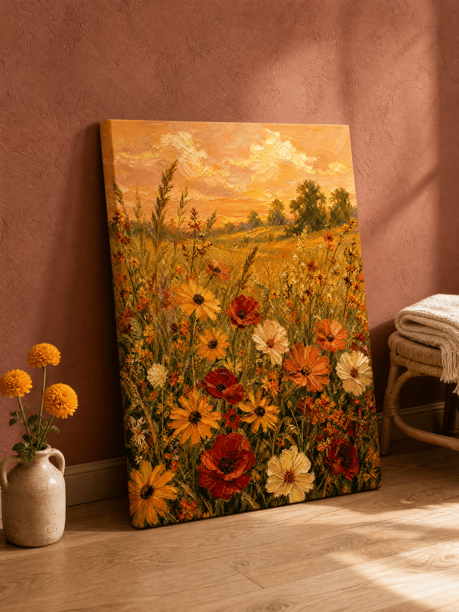 Warm Autumn Wildflower Meadow Canvas Wall Art | Impressionist Sunset Print | Living Room Home Decor