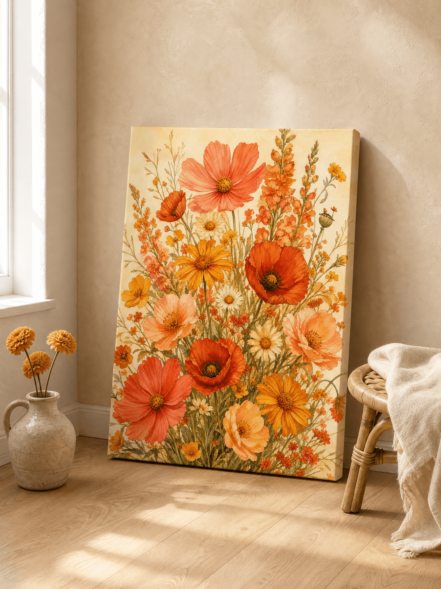 Warm Wildflower Bouquet Canvas Wall Art | Watercolor Botanical Print | Kitchen Home Decor