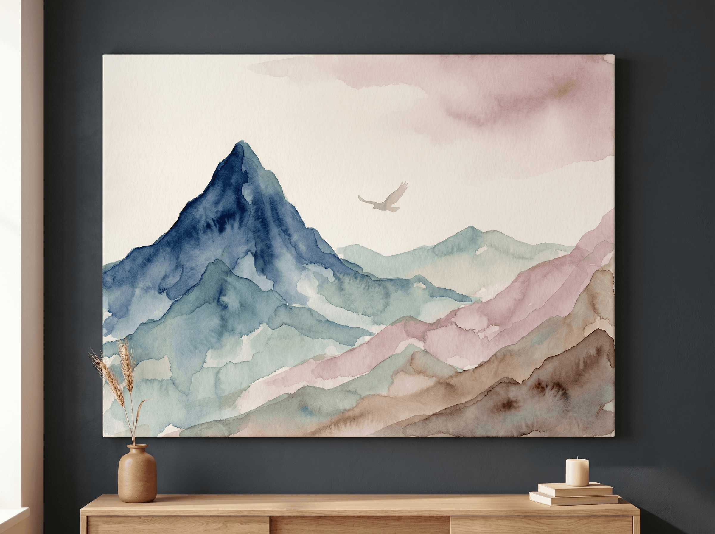 Watercolor Mountain Layered Canvas Wall Art | Soft Painterly Landscape Print | Living Room Home Decor