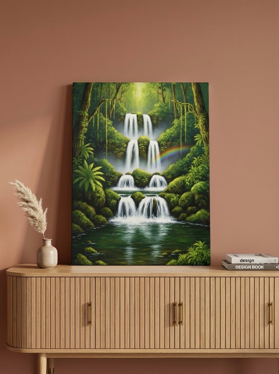 Waterfall Canvas Wall Art | Tropical Forest Painting Framed Print | Zen Bathroom Living Room Decor | Nature Gift