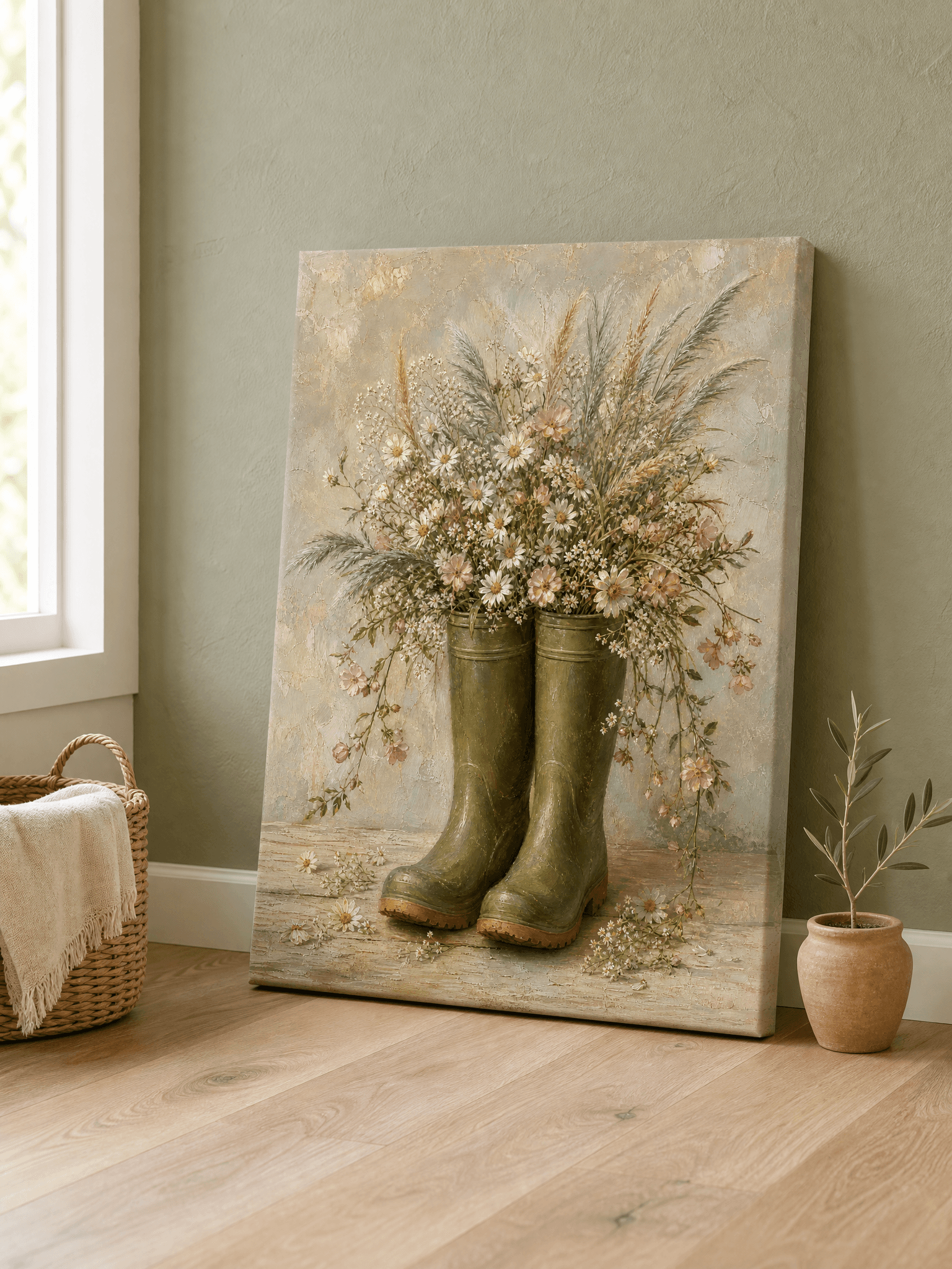Wellington Boots Wildflowers Canvas Wall Art | Country Garden Print | Mudroom Home Decor